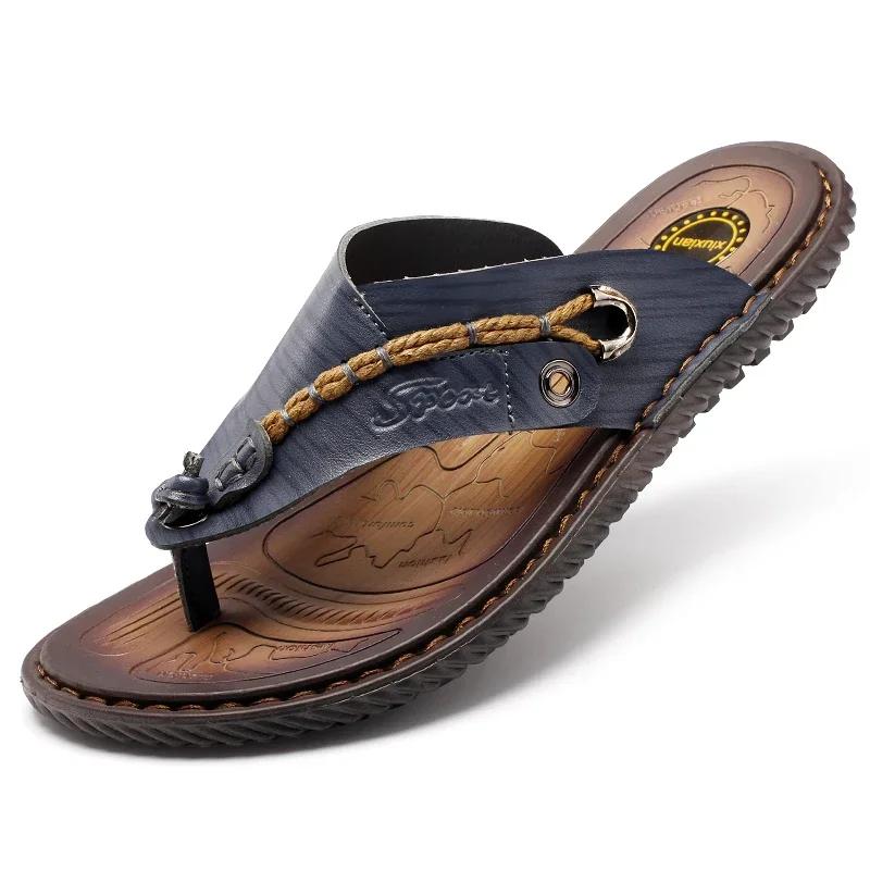 Fashion Summer New Casual Leather Slippers High Quality Classic Flip Flops Clip On Mens Beach Slippers Outdoor Antiskid Soft Bottom Shoe