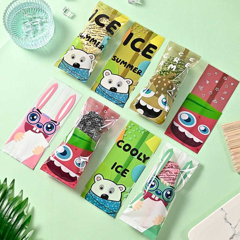 100Pcs Cartoon Ice Cream Packaging Bag Homemade Popsicle Disposable Plastic Popsicle Protective Cover Storage Sealing Bag Diy