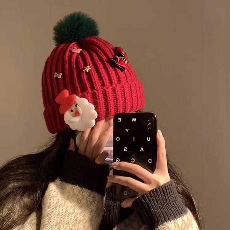 Santa Claus Red Knitted Hat Children's Winter New Versatile Warm Ear Protector Wool Hat Shows Small Face
