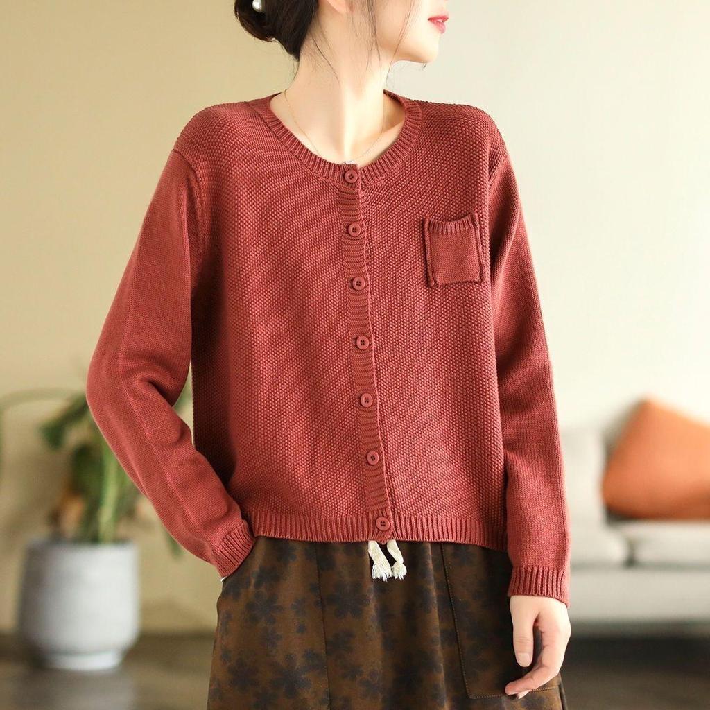Women's Retro Knit Cotton Cardigan: Round Neck, Long Sleeve, Autumn Casual Short Sweater.