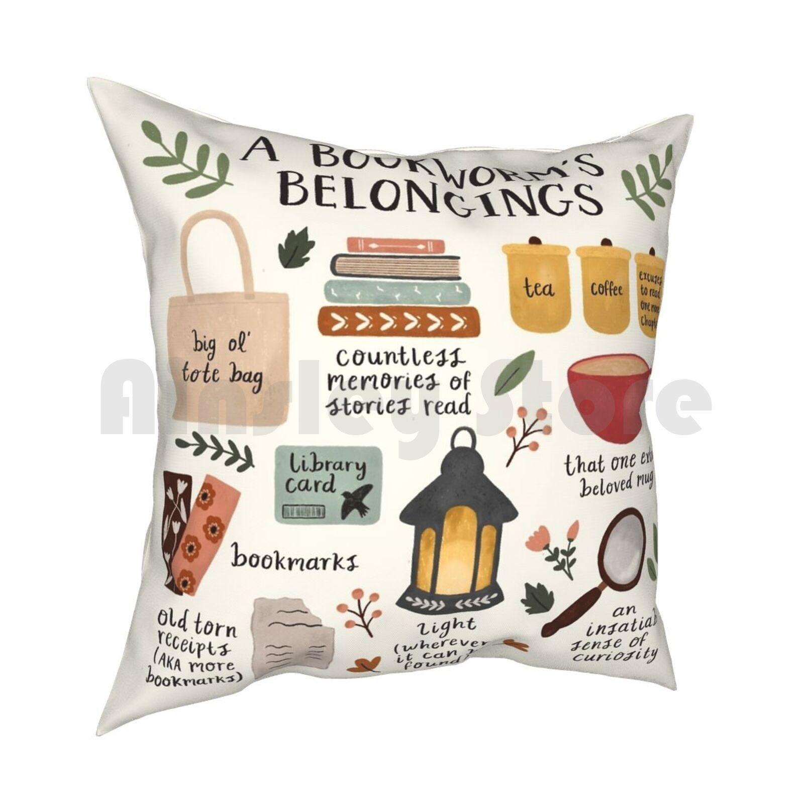 A Bookworms Belongings Pillow Case Printed Home Soft Throw Pillow Books Reading Read Reader Bookworm Bibliophile Book 30x30cm 12x12in