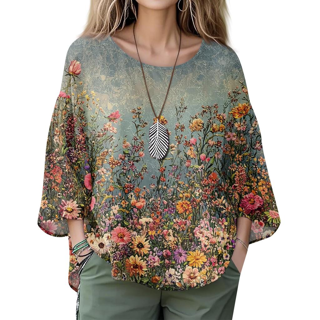 Summer Tops For Women Cute V Neck 3/4 Sleeve Blouses Floral Print Top Casual Shirts