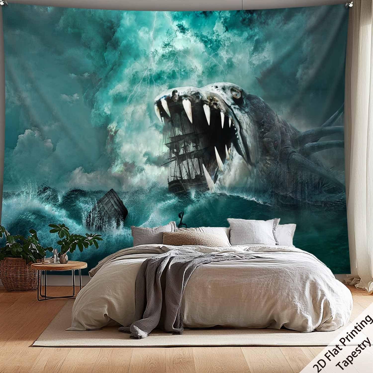 

Sea Monster and Ship Theme Digital printing polyester wall tapestry suitable for use in living rooms bedrooms offices bars party 74x94cm(29x37in)