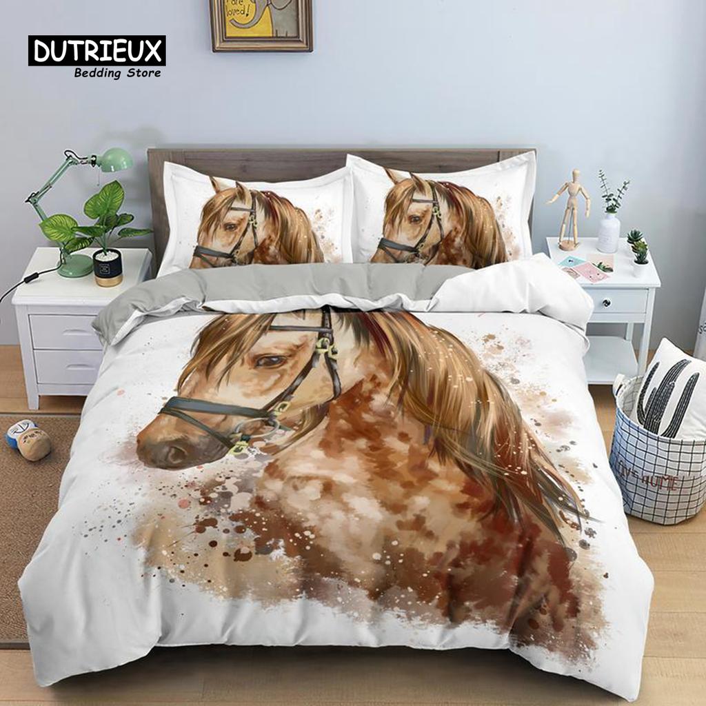 Horse Duvet Cover 3D Steed Farm Animal Comforter Cover Polyester Exotic Style Western Cowboys Bedding Set Twin For Kids Boy Teen