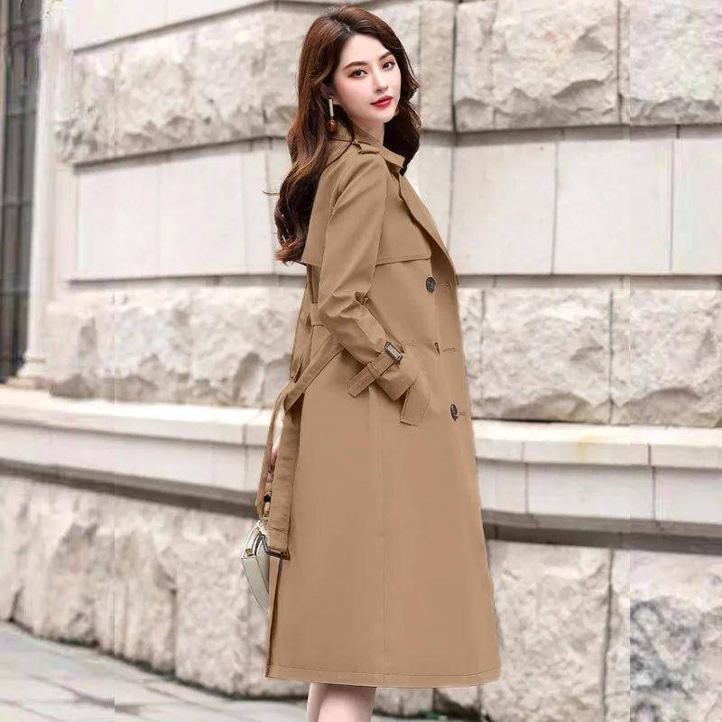 Autumn Winter Women Turn-down Collar Double Breasted Trench Office Lady Solid Long Trench with Belt