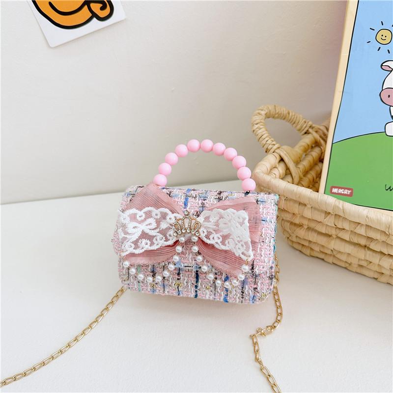 Adorable Girl's Bowknot Coin Purse Charming Pearl Handbag Trendy Chain Shoulder Bag