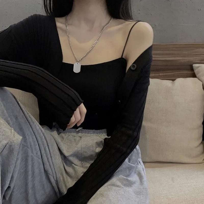 Set două piese în stil coreean pentru femei, toamnă, culoare caramelă, cu mânecă lungă, tricotat cu nervuri, pulover decupat și vestă asortată