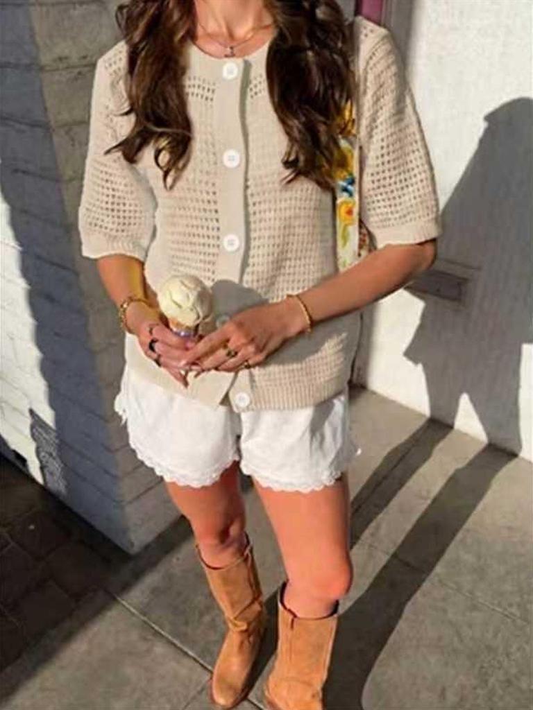 Women's 2026 French Style Hollow Knit Cardigan Sweater - Round Neck, Short Sleeve, Solid Color