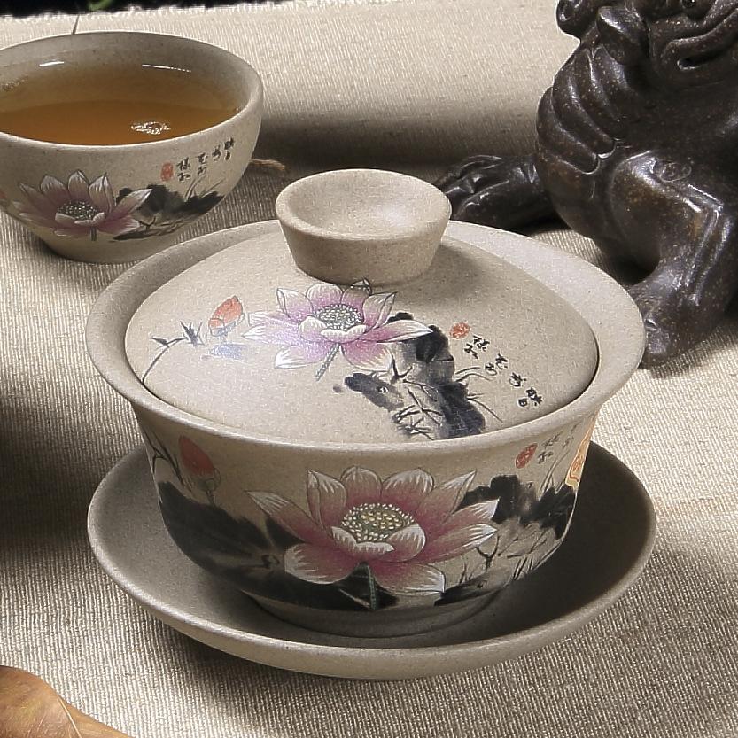Chinese Kung Fu Tea Tureen Pottery Clay Cover Bowl Classical Gaiwan Traditional Handmade Tea Set Cup
