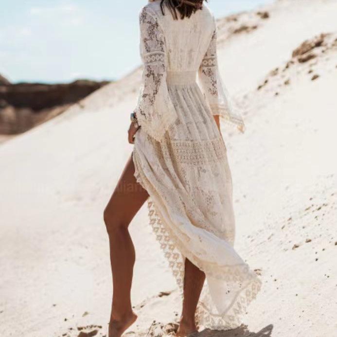 Women's Solid Color Long Sleeve V Neck Elegant Long Lace Dress