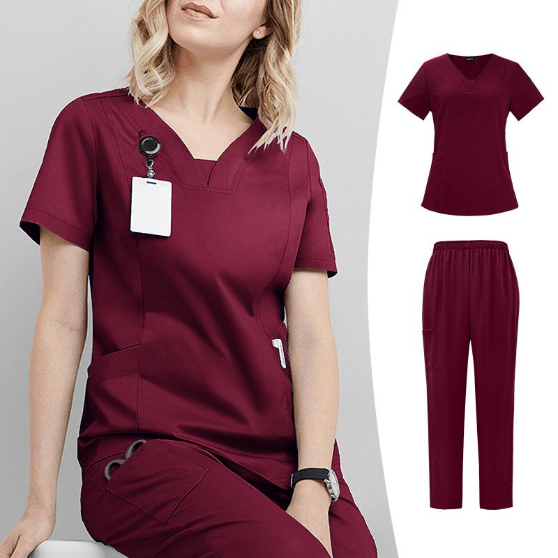 Women Nurse Uniform Two-piece Set Summer Elastic Quick-drying Thin Section V-neck Short-sleeved + Straight Trousers Hand-washing Clothes