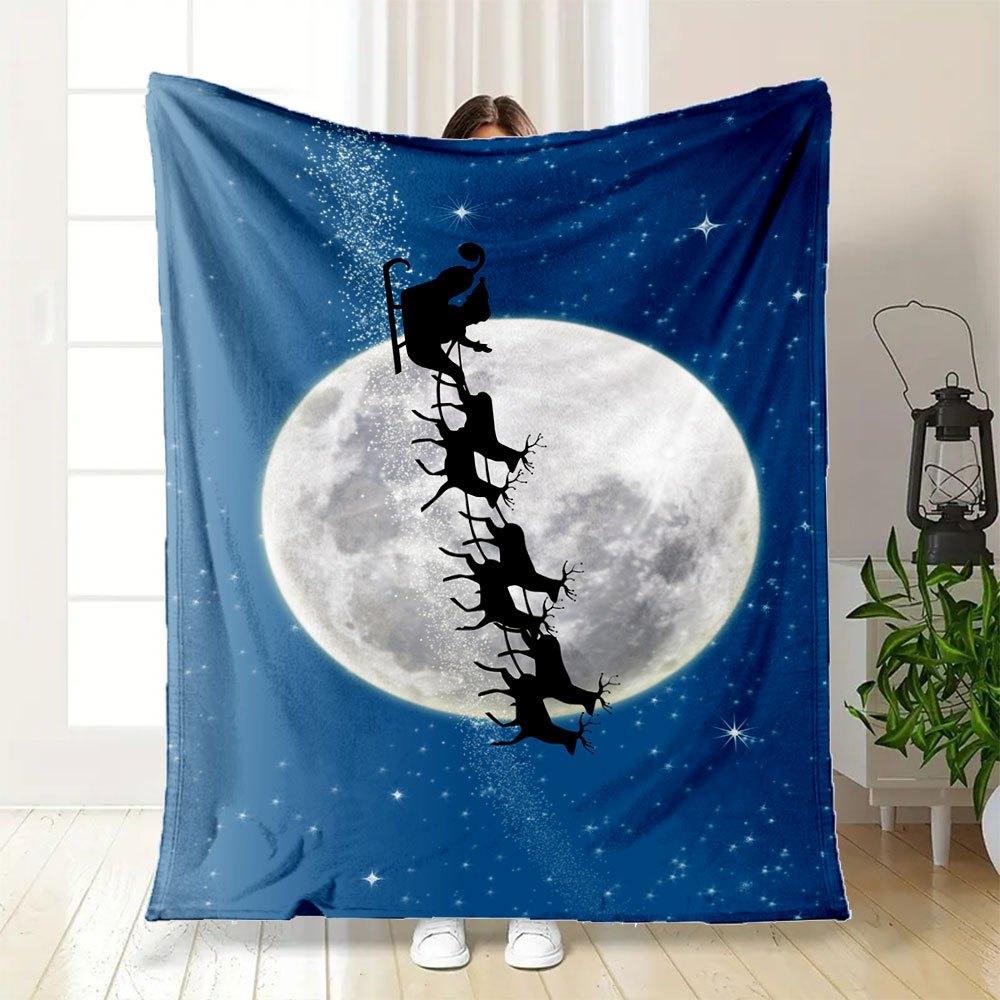 Weihnachtsmond Weihnachtsmann Schlitten Rentier Nachthimmel Poster DruckDecke Flanell Überwurfdecke für Sofa, Bett, Reisen, Camping, Büro, Couch