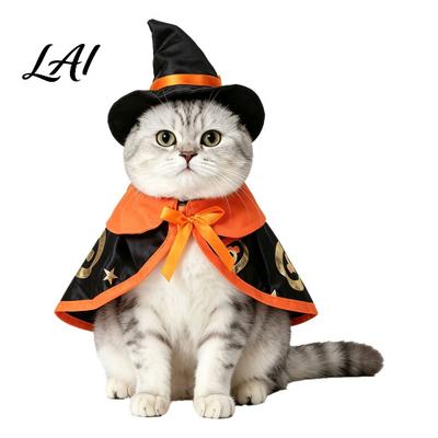 Halloween Pet Apparel 1 Set Costume Cat Wizard Hat And Cape Cute Adjustable Rope Outfit Pumpkin Print for Small Dogs Cats Festive Party Wear
