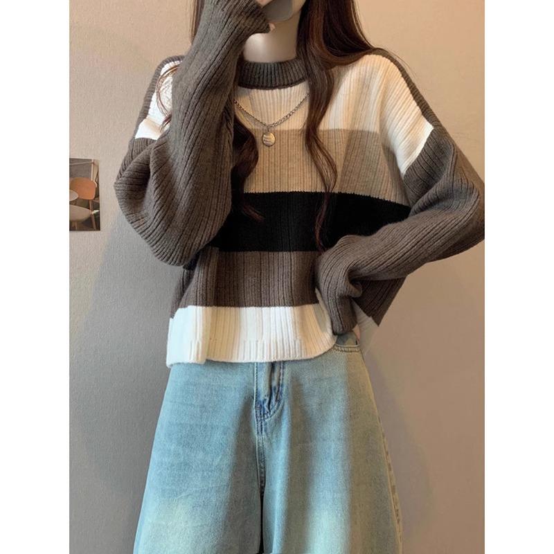 Korean Style Striped Knit Sweater - Women's Loose Fit Round Neck for Spring & Autumn