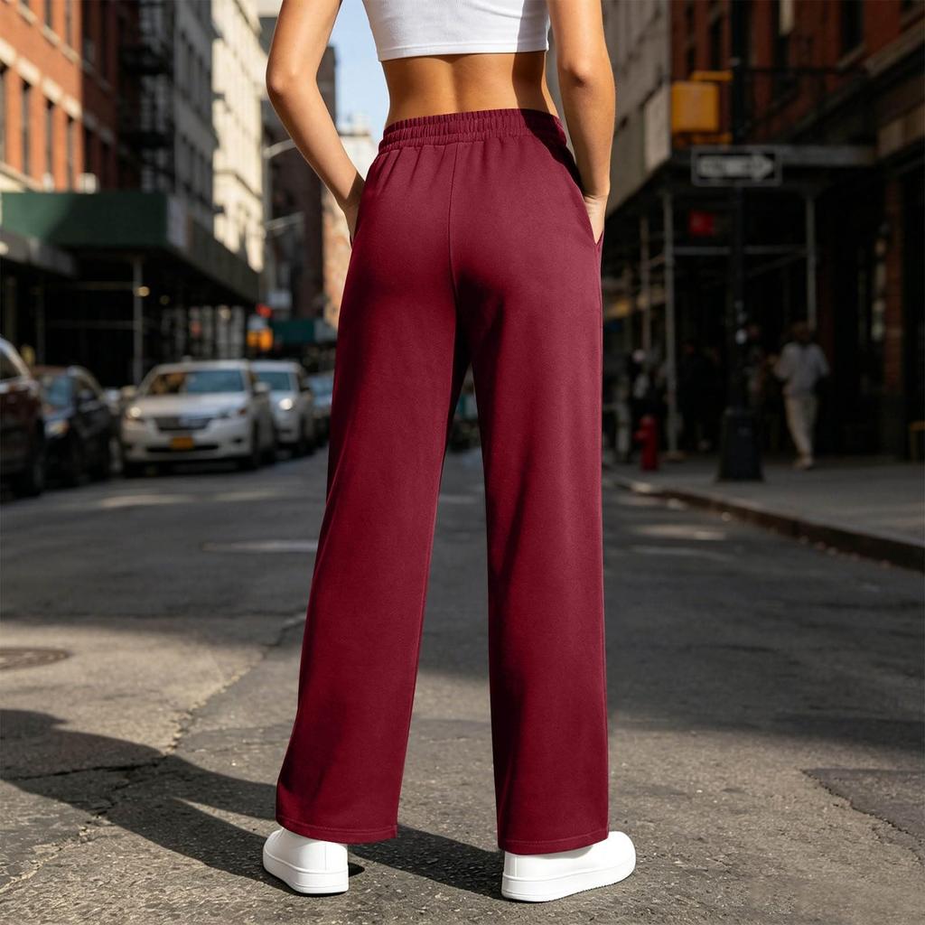 Women's Casual High Waist Wide Leg Split Hem Sweatpants Loose Fit Pants