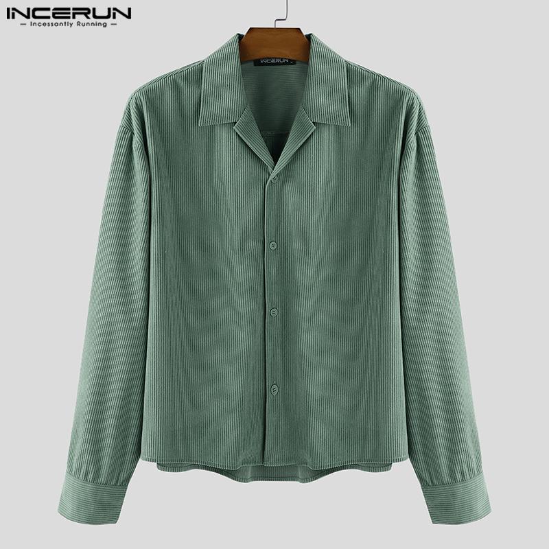 INCERUN Oversized Men Turn Down Collar Long Sleeve Texture Loose Casual Shirts Tops