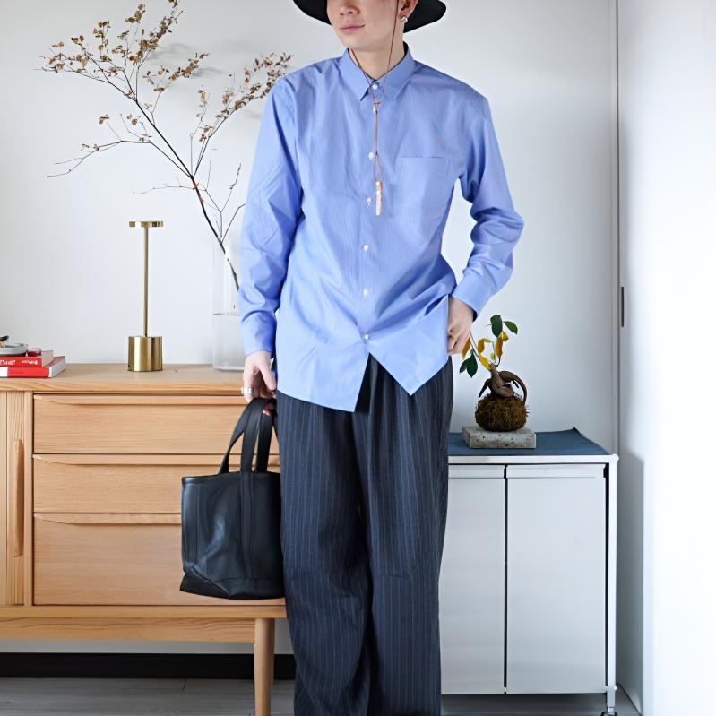 UNIQLO Jil Sander Collaboration Striped Button-Up Long Sleeve Shirt Men shirts Blue 478673-63