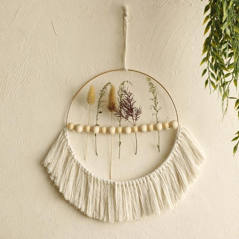 Elegant Handmade Macrames Tassels Wall Hanging Decors Large Round Frame Wood Beads Wall Ornament for Home Aesthetic