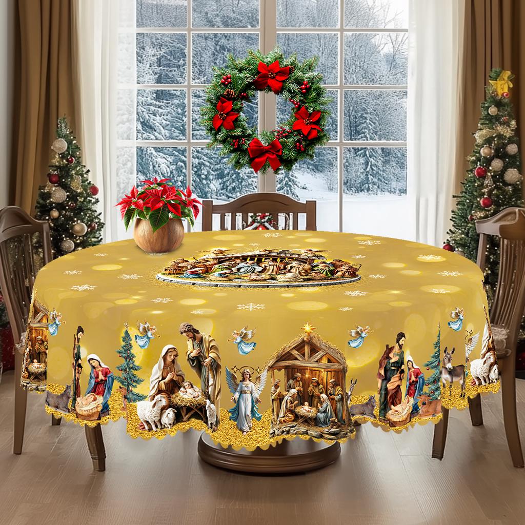 Kerst Vintage Boerderij Tafelkleed met Kerstman, rendieren & Kerstboom prints. Rechthoekige & ronde maten voor Kerst/Nieuwjaarsfeesten, keuken, binnen & 140x180cm