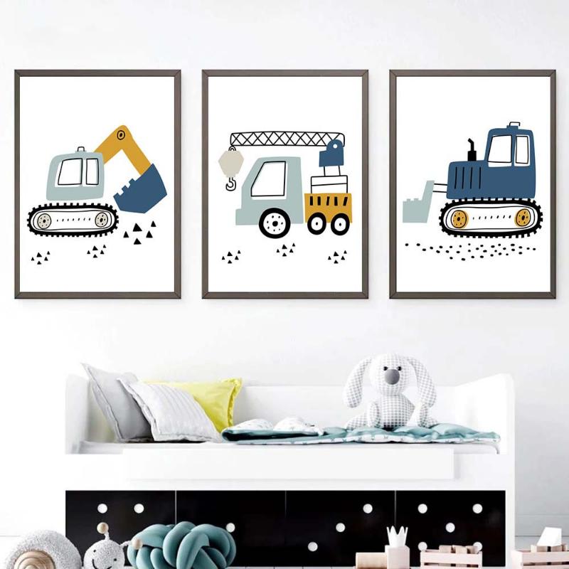 Kreslený Jeřáb Bagr Traktor Nákladní plakát Nástěnné umění Obraz na plátně Dětská školka Chlapci Obrázky Nordic Wall Print Room Decor