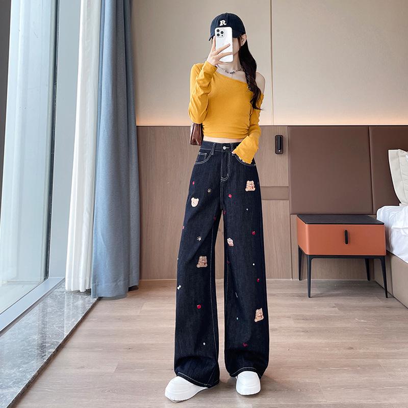 

Autumn 2025 Cartoon Embroidered Wide-Leg Tencel Jeans for Women - New Slimming Loose Fit Fashion M