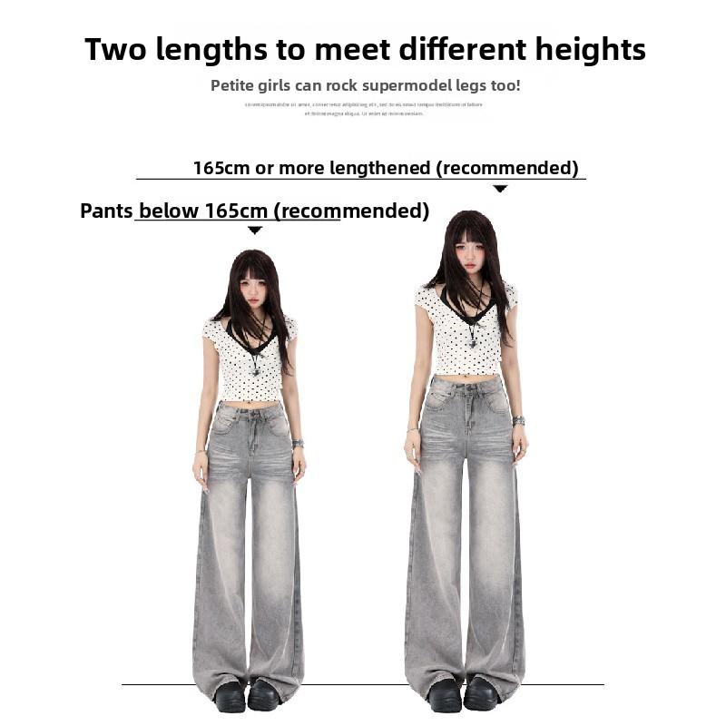 American Retro Style Smoky Gray High-end Wide-leg Jeans for Women, 2026 New Model, Drapey, Loose, Straight-leg, Floor-length Pants