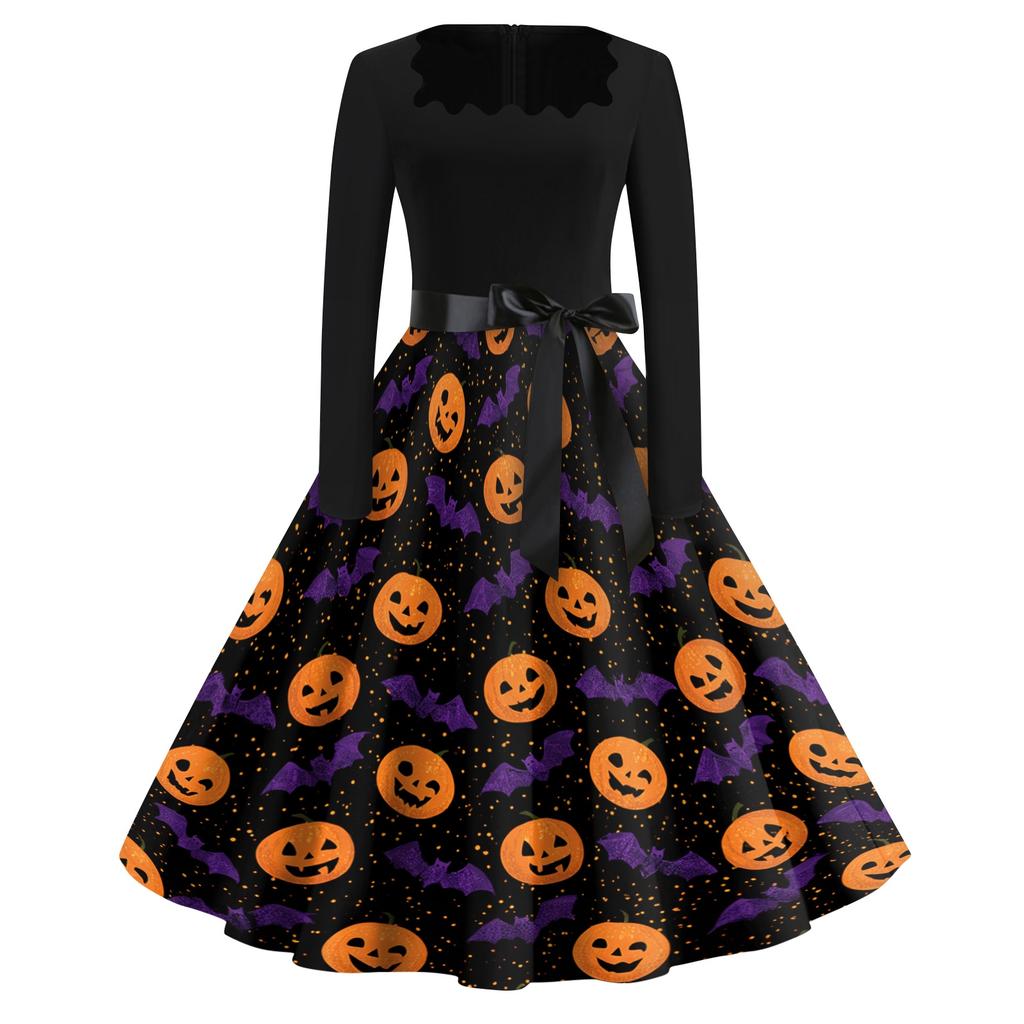 Women's Square Neck Retro Dress with Halloween Print for Casual Parties and Festive Occasions
