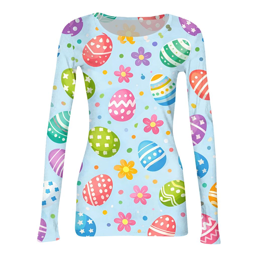 Women's And Winter Slim T-shirt Fashion Casual Printing Round Neck Pullover Long Sleeve Top