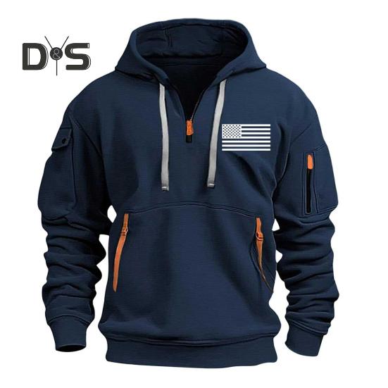 

Мужская толстовка с капюшоном для фитнеса на весну и осень с декором на молнии, с плюшевой подкладкой, с несколькими карманами, с толстыми эластичными манжетами и подолом в виде американского флага для путешествий XXXL темно-синий