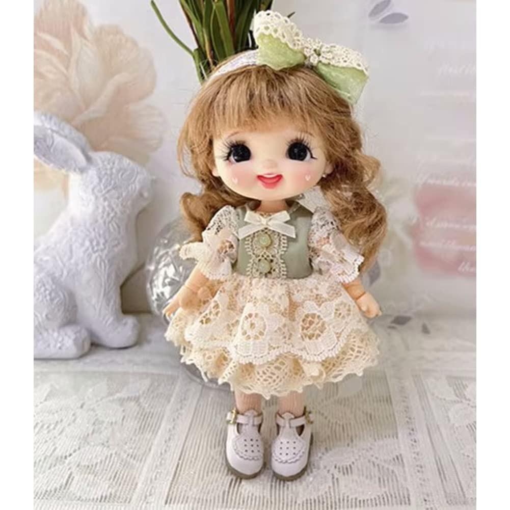 rakulifey Obitsu 11 Clothes, Dress, Hair Accessories, OB11 Size Outfit Set, One-Piece Lolita Dress, 11cm Obitsu Body Accessories, Green, 2-Piece Set
