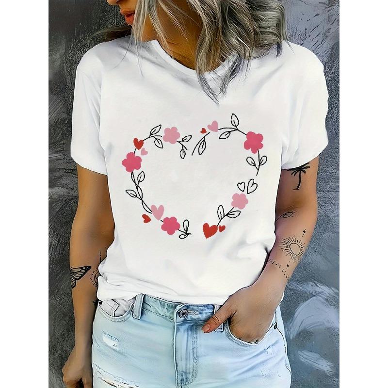 

Women Soft Polyester Inspirational Quote Tee Pink Red Heart Leaf Alphabet Print Crew Neck Short Sleeve Relaxed Fit Blush Pink Casual Top S белый