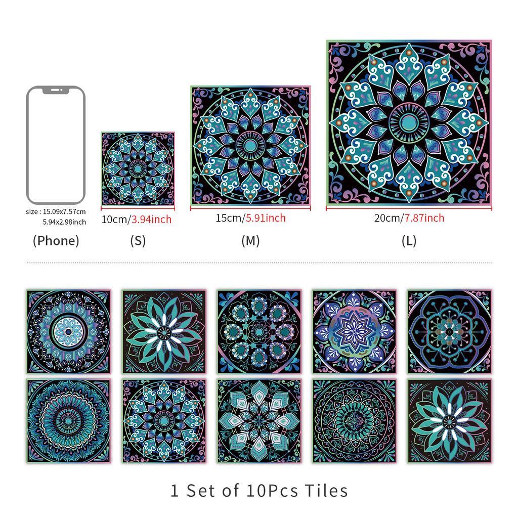 10 Pieces Of Mandala Flower Brick Self-Adhesive Wall Sticker Waterproof Oil-Proof Kitchen Living Room Wall Decoration European Crystal Tile Sticker