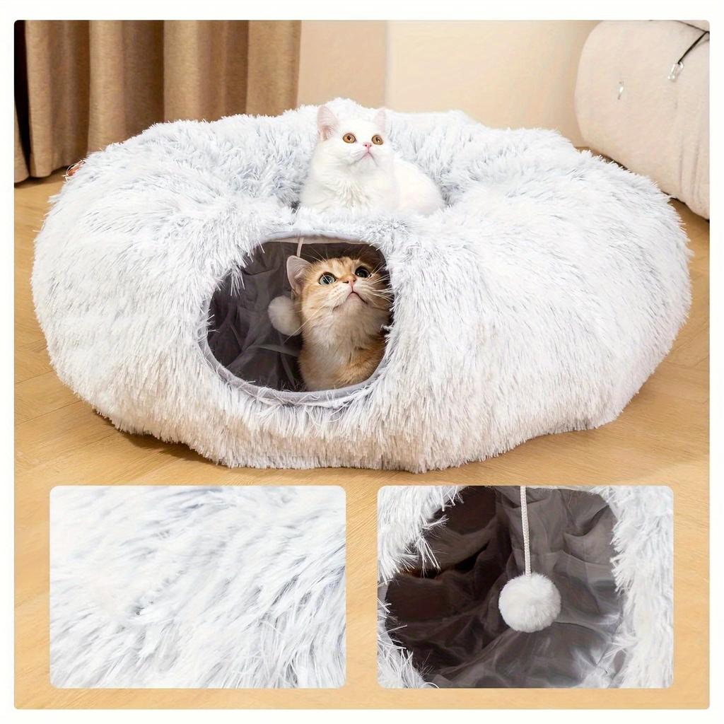 Set of 2 Plush Cat Bed Warm Foldable Cat House Detachable Tunnel Cat Nest Pet Cat Tunnel Washable Cute Pet Bed