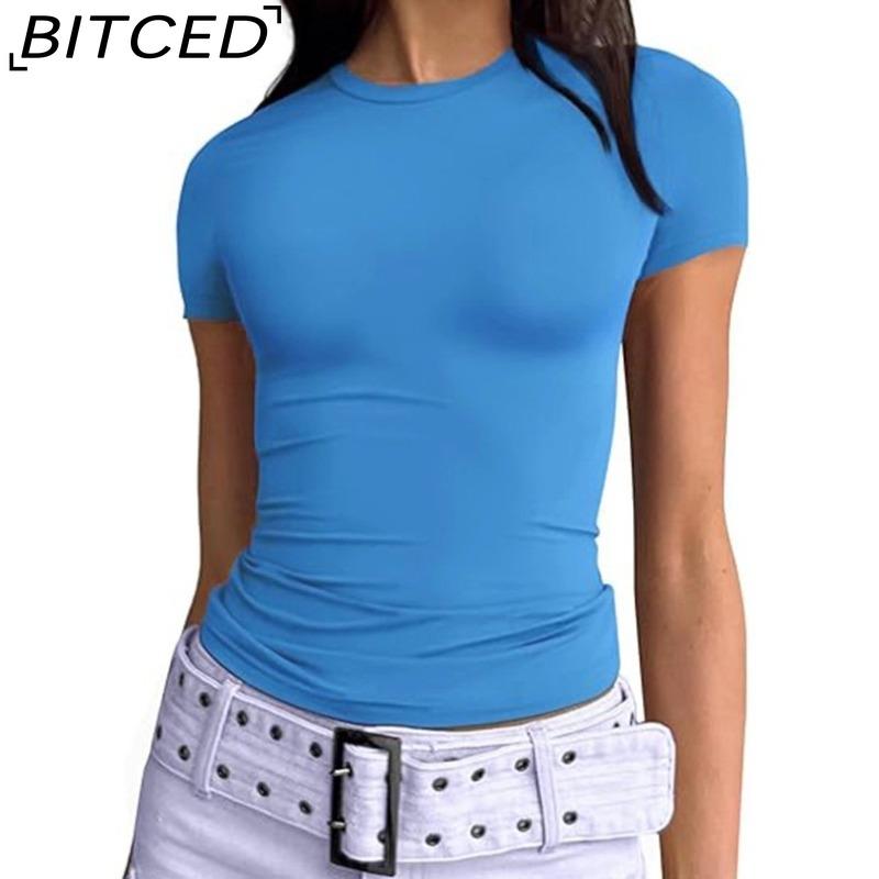 BITCED Damska koszulka z długim rękawem na lato: Stylowe topy z dekoltem O, dopasowane, do noszenia jako warstwa zewnętrzna
