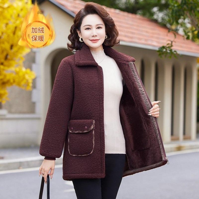 Winter solid color granular fleece new fleece lapel warm long top medium loose coat