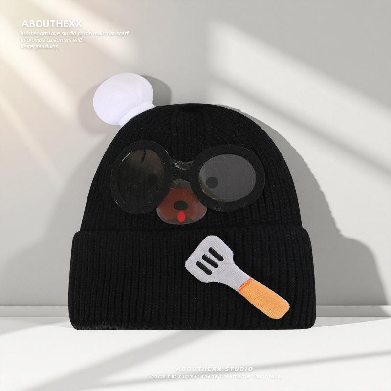 Women's Wool Hat with Autumn and Winter Versatile Sweet Knitted Hat with Ear Protection and Warm Face Showing Small Glasses Pullover Hat