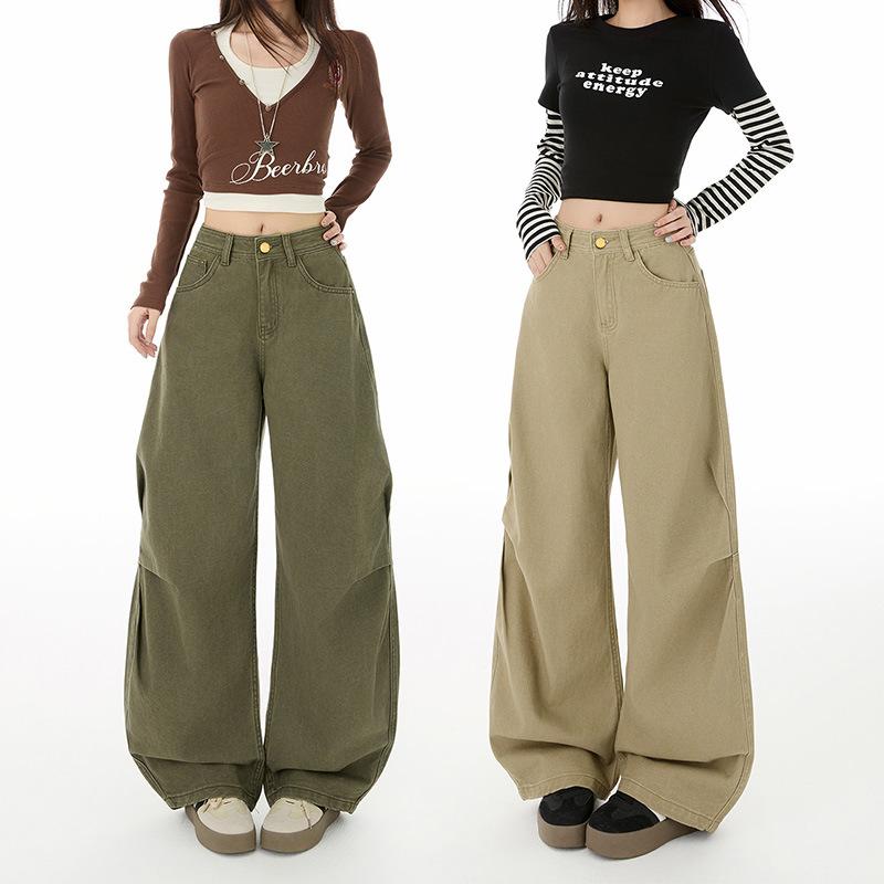 American Retro Military Green Tooling Scimitar Jeans Women's Autumn and Winter New Relaxed High-waisted Loose Wide-leg Pants