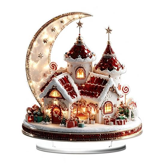 Festlicher Desktop-Schmuck für den Winter Weihnachten Acryl-Ornament, 2D Flaches verschneites Häuschen mit Sockel, Saisonal Detaillierter Druck Nikolaus Schneemann Tisch
