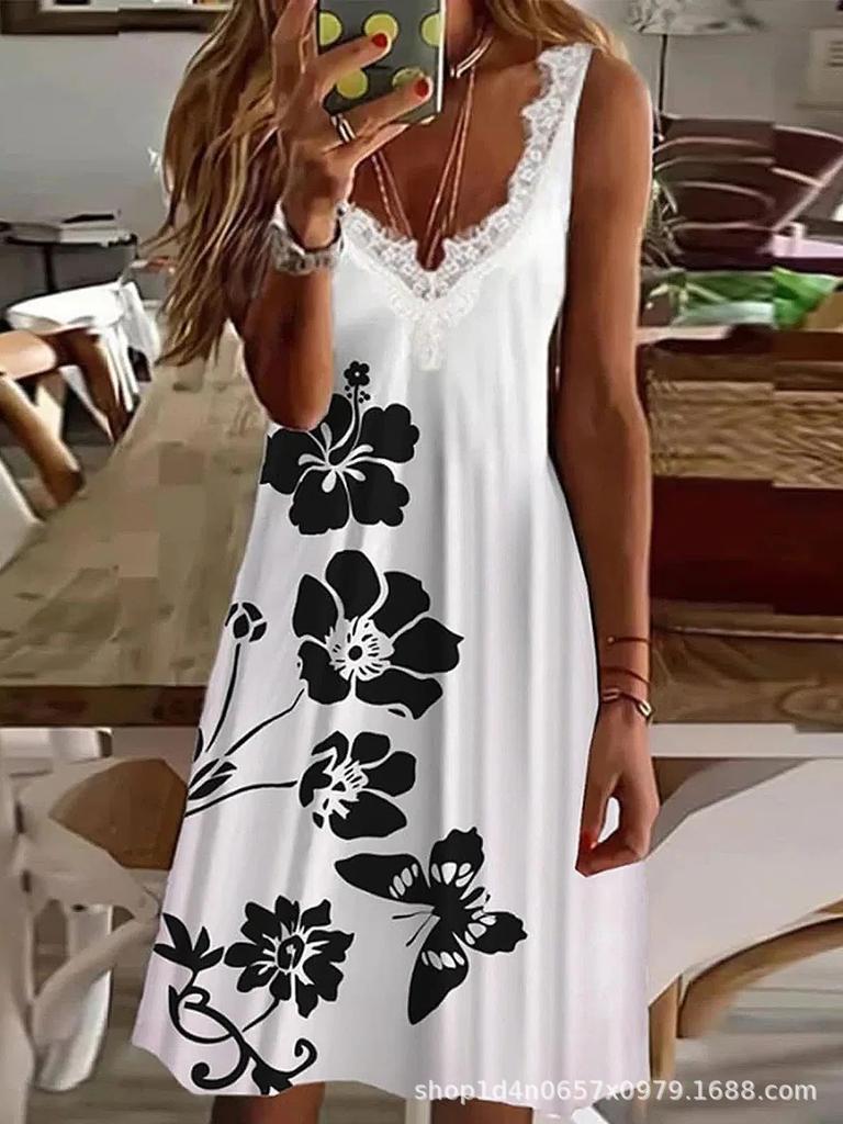 New European and American hot-selling women's clothing fast-selling T strap V-neck lace fashion printed dress