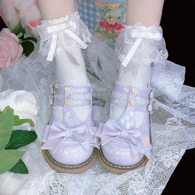 Calcetines Tobilleros Dulces para Mujer con Lazo y Nudo Calado Japonés Lindos Calcetines de Algodón con Volantes y Encaje