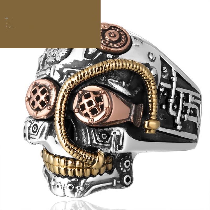 Dekorierter Hip Hop Industrieller Dampf Herrenring Graviert Dreifarbiger Ring Totenkopfring