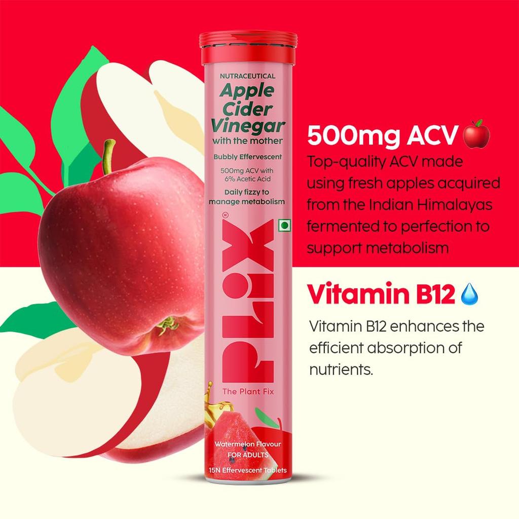 The Plant Fix Apple Cider Vinegar Effervescent Tablets With Mother Watermelon Flavor No Added Sugar 15 Tablets X Pack Of 4