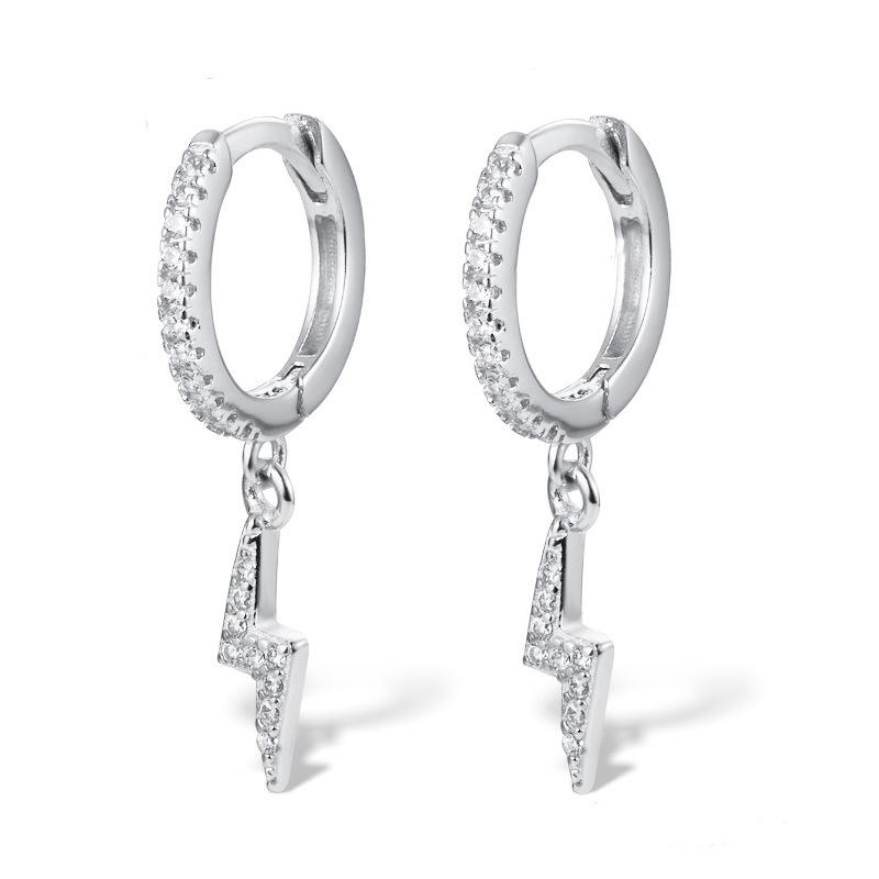 European S925 Sterling Silver Lightning Stud Earrings, Geometric Design with Zirconia Inlay, High-End Luxury, Unique Niche Style for Women.