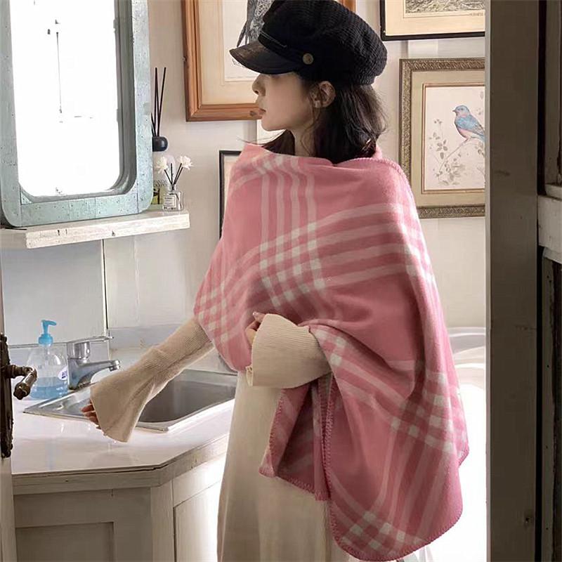 Korean Retro Pink Plaid Scarf for Women - Warm Autumn/Winter Neck Protection Shawl