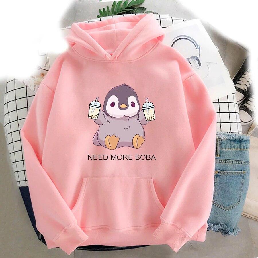 Cute Penguin Boba Tea Print Hoodies Unisex Women Streetwear Hoodie Oversized Hooded Sweatshirts Pullover Unisex Tracksuit Clothing