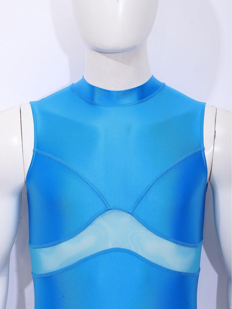 Men Yoga Sportswear Bodysuit Oil-shiny Finish Sheer Mesh Mock Neck Sleeveless Back Zipper Boxer Bottom One Piece Swimsuit