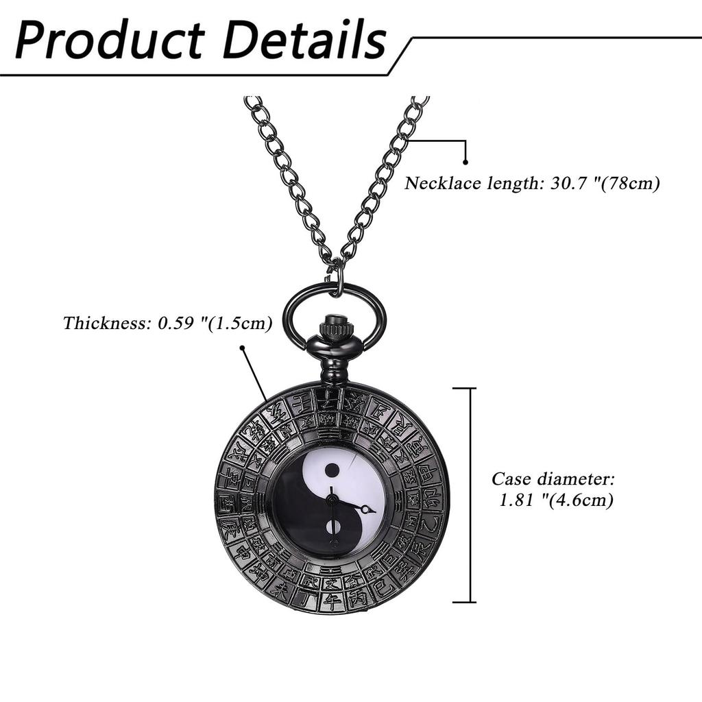 Montre de poche Taiji Bagua Yin Yang Pendentif Antique Montre à affichage analogique Étanche Montre de poche Style chinois Collier Chaîne de pull Noir Anniversaire
