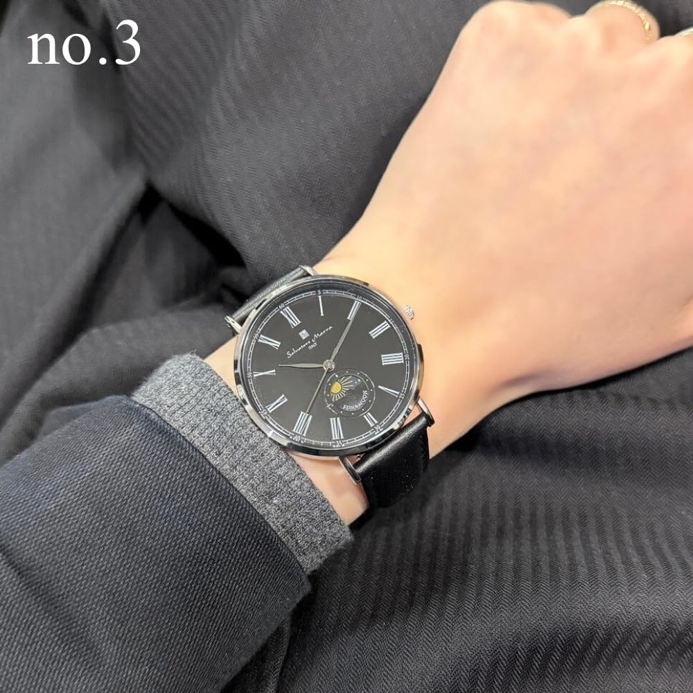 Salvatore Marra Sun and Moon Slim Quartz Watch with Shopper Leather Strap Black X Men's Bag, (No. 3 Silver)