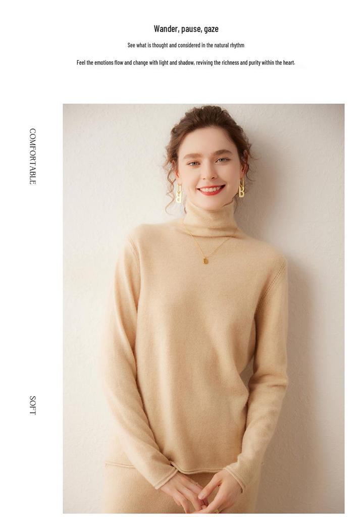 2026 Autumn/Winter Women's High Neck Cashmere Sweater - Solid Color, Loose Fit, Slimming Turtleneck Knitwear