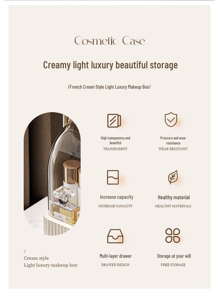 Large Capacity Dustproof Cosmetic Storage Box with Desktop Drawer for Skincare and Makeup